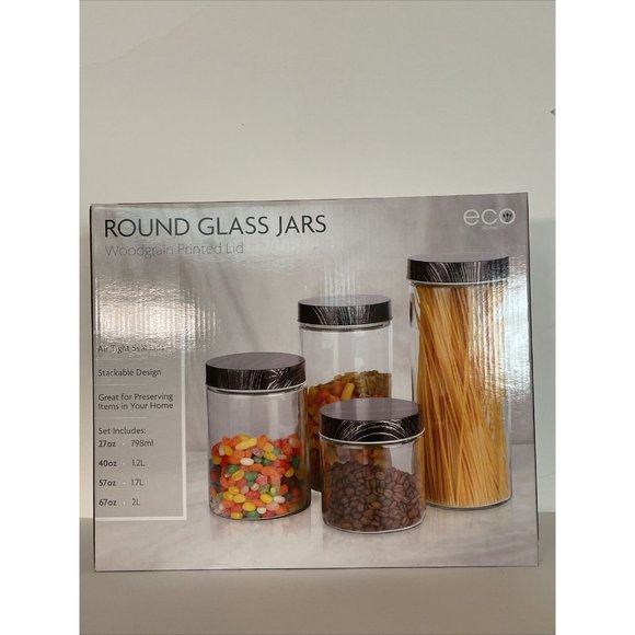 Round Glass Jars 4 Pack Woodgrain Printed Lid FOUR BRAND NEW IN BOX - Picture 1 of 6